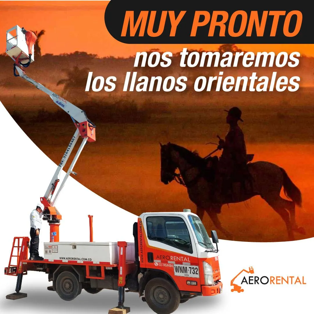 Camión canasta de Aerorental junto a un llanero a caballo en los Llanos Orientales