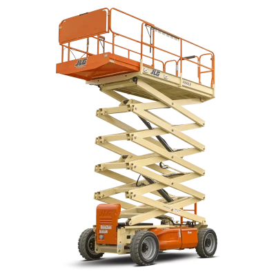 Elevador de tijera todo terreno marca JLG disponible para alquiler en Aerorental